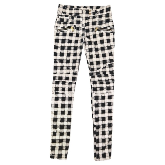 Balmain Black and White Checkered Skinny Biker Jeans Moto Womens Size FR 34 US 2 - Picture 1 of 15